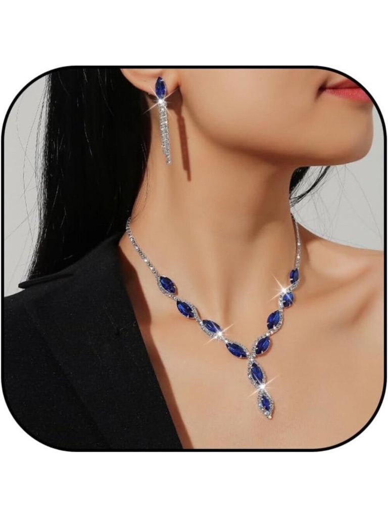 Women Blue Formal Necklace And Earrings Set Prom Jewelry Set Accessories